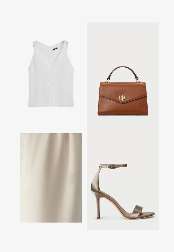 Massimo Dutti FLOWING DOUBLE FABRIC GARMENT - Débardeur - white; Tissu beige avec une fine texture et une brillance subtile, présentant des plis naturels et un détail de couture verticale sur le côté gauche.; Sandale à talons hauts en satin argenté avec une bride de cheville, présentant une boucle décorative. Bout ouvert et design fin et élégant.; Sac à main en cuir marron avec un design structuré, une poignée supérieure, des finitions en or et un accent logo sur le devant. Texture lisse.