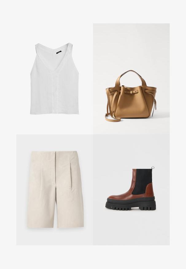 Massimo Dutti - Top; Beżowe szorty z zamszu o luźnym kroju, z dwoma przednimi zakładkami i prostym wzorem pasa. Gładka tekstura, długość do połowy uda.; Brązowy skórzany but za kostkę z czarnymi elastycznymi panelami, masywną czarną gumową podeszwą i pętelką z tyłu ułatwiającą zakładanie.; Tory Burch ROMY wielbłądzi