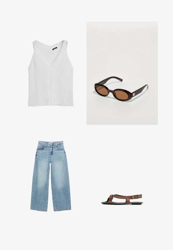 Massimo Dutti FLOWING DOUBLE FABRIC GARMENT - Top - white; Světle modré kalhoty s širokými nohavicemi a vysokým pasem, dvěma předními kapsami, zipem na předním díle a textilním utažením v pase. Klasická denimová textura.; Hnědá kožená sandál s otevřenou špičkou a bočními výřezy. Obsahuje kotníkový pásek s kovovou sponou a plochou podrážku.; Hnědé želvovinové sluneční brýle s oválnými čočkami, tenkým rámem a malým kovovým akcentem na boku. Texturovaný a lesklý povrch.; Hnědá semišová taška přes rameno s otevřeným vrchem. Disponuje hlubokým a širokým tělem, vyřezávaným držadlem a minimálním prošíváním pro čistý design.