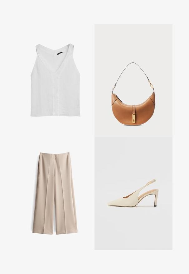 Massimo Dutti FLOWING DOUBLE FABRIC GARMENT - Top - white; Beige weit geschnittene Hose aus glattem Material, mit hoher Taille, zwei vorderen Falten und einem sauberen Saum.; Beige Leder Slingback-Absätze mit einer spitzen Zehenpartie, offenem Seitendesign und einem schlanken hohen Absatz. Enthält einen goldenen Akzent am Riemen.; Taschenhandtasche aus tanfarbenem Leder mit geschwungener Form, goldenen Beschlägen und einem dünnen Schulterriemen. Verfügt über einen Reißverschlussverschluss und ein Logodetail auf der Vorderseite.