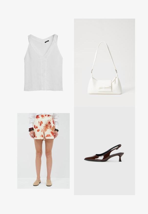 Massimo Dutti FLOWING DOUBLE FABRIC GARMENT - Top - white; Bloemrijke shorts in roomkleur met rode en oranje patronen, strak gesneden met plooien aan de voorkant en opgerolde mouwen, gemaakt van lichtgewicht stof.; Bruine gepatineerde leren slingback-schoen met een spitse neus en een gematigd hakje. Voorzien van een gespsluiting voor een veilige pasvorm. Glad van textuur.; Witte synthetische handtas met een driehoekige vorm, platte voorklep en strikdetail, verstelbare schouderriem, gladde textuur en minimalistisch ontwerp.