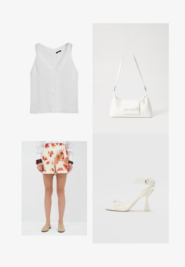 Massimo Dutti FLOWING DOUBLE FABRIC GARMENT - Débardeur - white; Shorts fleuris en crème avec des motifs rouges et orange, taillés avec des plis à l'avant et des revers roulés, fabriqués en tissu léger.; Sandale à talons hauts à brides en cuir blanc avec un design épuré, un talon bloc transparent et un élément décoratif au niveau des orteils.; Sac à main synthétique blanc en forme triangulaire, avec un rabat avant plat et un détail en nœud, une bandoulière ajustable, une texture lisse et un design minimaliste.
