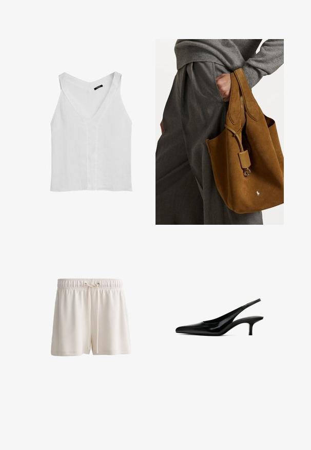 Massimo Dutti FLOWING DOUBLE FABRIC GARMENT - Top - white; Cremefarvede shorts lavet af blødt materiale, med elastisk talje og snøre samt en enkel nederdelsdesign.; Sorte spidse slingback sko med en blank læderfinish og en tynd, lav hæl. Har et udskæringsdesign på siden for åndbarhed.; Brun ruskind totebag med rund form, dobbelte håndtag og metalhardware detaljer. Har et lille logo foran.