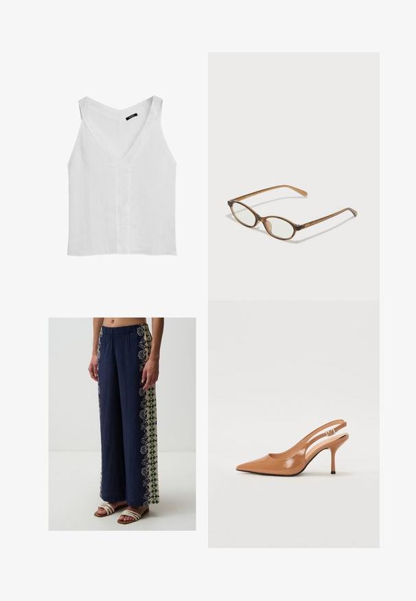 Massimo Dutti FLOWING DOUBLE FABRIC GARMENT - Top - white; Jimmy Key ELASTICIZED PATTERNED - Broek - dark blue; Puntige slingback hak in een glad, glanzend beige materiaal. Bevat een gebogen uitsnijdontwerp en een slanke stiletto hak. Zilveren gesp detail.; Bruine schildpadbril met ovale lenzen, dunne armen en transparante accenten. Heeft een subtiele logo op de tempel. Strak, lichtgewicht ontwerp.