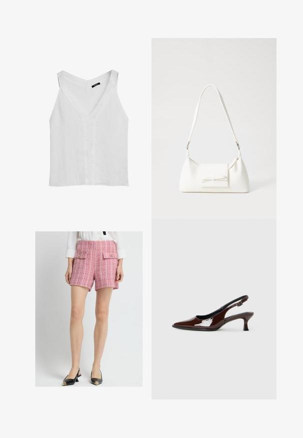 Massimo Dutti FLOWING DOUBLE FABRIC GARMENT - Top - white; Roze en witte tweed shorts met twee voorzakken, gouden knoopaccenten en een getailleerde pasvorm. Gladde textuur met een gestructureerd ontwerp.; Bruine gepatineerde leren slingback-schoen met een spitse neus en een gematigd hakje. Voorzien van een gespsluiting voor een veilige pasvorm. Glad van textuur.; Witte synthetische handtas met een driehoekige vorm, platte voorklep en strikdetail, verstelbare schouderriem, gladde textuur en minimalistisch ontwerp.