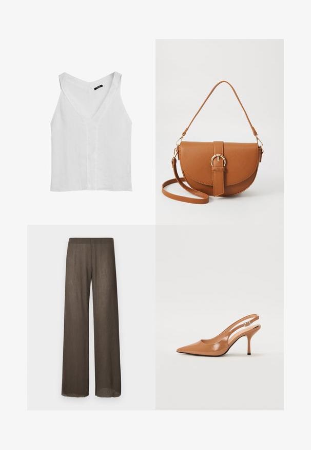 Massimo Dutti FLOWING DOUBLE FABRIC GARMENT - Top - white; Bredde ben bukser i mørkebrun, letvægts, tekstureret stof med en blød drapering. Har et minimalistisk design og rå kantdetaljer.; Spids tå slingback hæl i et glat, blankt tan materiale. Har et buet udskæring design og en slank stiletto hæl. Sølv spænde detalje.; Brun læder crossbody taske med en buet form, guldfarvet hardware og en spændeaccent. Har en aftagelig skulderrem.