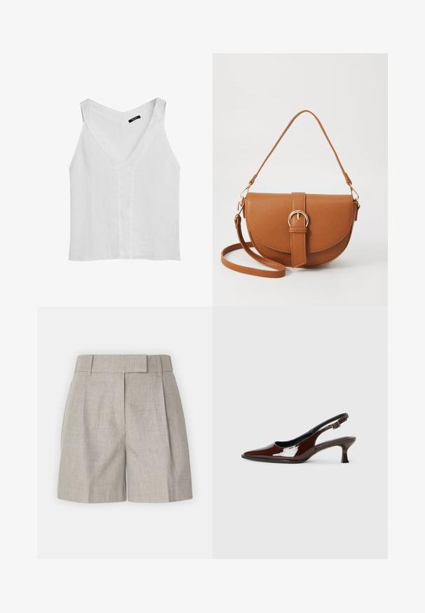 Massimo Dutti FLOWING DOUBLE FABRIC GARMENT - Top - white; Light grey shorts featuring a structured waistband, pleats, and a relaxed fit with a smooth linen texture. Simple and versatile design.; Brown patent leather slingback shoe with a pointed toe and a moderate heel. Features a buckle strap for secure fit. Smooth texture.; Brown leather crossbody bag with a curved shape, gold hardware, and a buckle accent. Features a detachable shoulder strap.