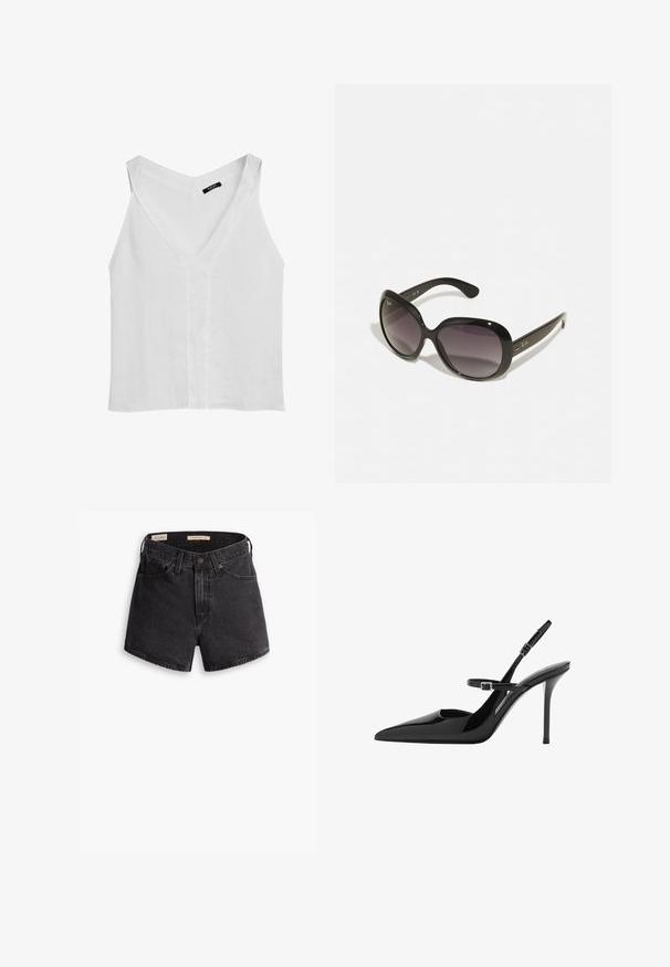 Massimo Dutti FLOWING DOUBLE FABRIC GARMENT - Top - white; Shorts in denim nero a vita alta, con chiusura con bottone frontale, quattro tasche e una finitura leggermente consumata.; Slingback in vernice nera con tacco a stiletto, punta affusolata e cinturino regolabile. Superficie liscia con finitura lucida.; Occhiali da sole neri con montatura oversize e arrotondata. Lenti con gradazione da scuro a chiaro. Presentano una finitura lucida e elegante con accenti del logo discreti sulle aste.