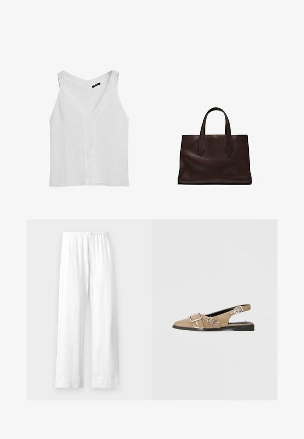 Massimo Dutti FLOWING DOUBLE FABRIC GARMENT - Top - white; White linen pants with a relaxed fit, featuring an elastic waistband and drawstring, and straight legs with a clean hem.; Beige patent slingback shoes with a pointed toe, two adjustable buckles, and a low black heel. Smooth texture with a glossy finish.; Brown leather tote bag with two elongated handles, structured rectangular shape, smooth texture, and subtle stitching details.