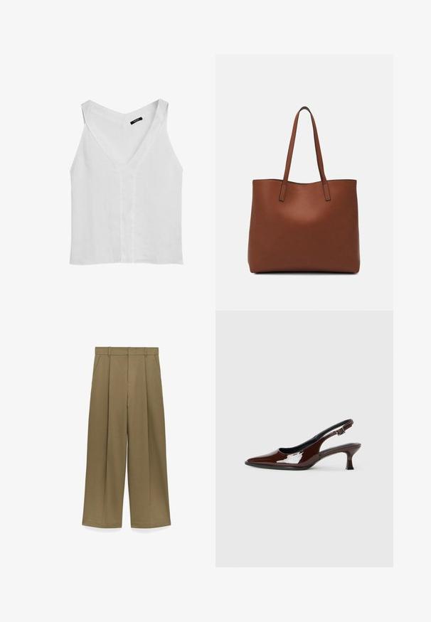 Massimo Dutti - Top; Spodnie o wysokim stanie, szerokie nogawki w oliwkowej zieleni, z szlufkami na pasek, plisami z przodu, bocznymi kieszeniami i ukrytym zapięciem z przodu.; Brązowe lakierowane skórzane buty na obcasie typu slingback z ostrym noskiem i umiarkowanym obcasem. Posiadają pasek z klamrą dla zapewnienia stabilnego dopasowania. Gładka tekstura.; Brązowa skórzana torba tote o gładkiej fakturze, z otwartym wierzchem i dwoma ramiączkami. Charakteryzuje się minimalnym przeszyciem i brakiem widocznych elementów metalowych.