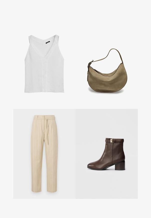 Massimo Dutti FLOWING DOUBLE FABRIC GARMENT - Top - white; Beige gestreepte broek met een relaxte pasvorm, voorzien van een geplooid taille, knoopsluiting en strikceintuur, gemaakt van lichtgewicht stof.; Bruine leren enkelboot met een ronde neus, een lage blokhak en een decoratieve gespband rond de enkel. Gladde textuur en strakke design.; Bruine suède hobo tas met een gebogen vorm, enkele schouderband, ritsluiting en een gladde textuur. Eenvoudig ontwerp met minimale hardwaredetails.