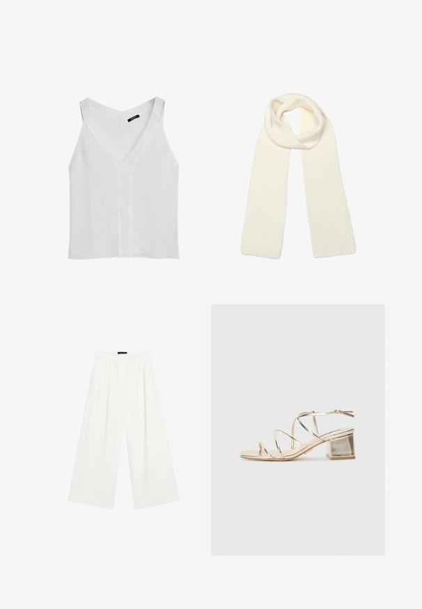 Massimo Dutti FLOWING DOUBLE FABRIC GARMENT - Top - white; Bredde bukser i hvidt stof med frontfolder, flad talje og en afslappet pasform. Glat tekstur og ingen synlige mønstre.; Guldmetallic, strappy sandal med firkantet blokhæl og åben tå. Har tynde stropper og et bageste ankelrem for justering.; Blødt, strikket cremehvidt tørklæde, løs foldet i toppen med begge ender hængende lige ned.; Brun læder tote bag med to forlængede håndtag, struktureret rektangulær form, glat overflade og subtile syninger.