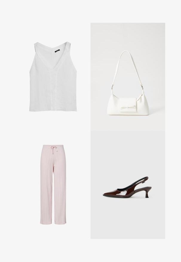 Massimo Dutti FLOWING DOUBLE FABRIC GARMENT - Top - white; Lichtroze wijde broek van gestructureerde stof, met een elastische tailleband en een trekkoord. Verticale ribbelpatroon over het geheel.; Bruine gepatineerde leren slingback-schoen met een spitse neus en een gematigd hakje. Voorzien van een gespsluiting voor een veilige pasvorm. Glad van textuur.; Witte synthetische handtas met een driehoekige vorm, platte voorklep en strikdetail, verstelbare schouderriem, gladde textuur en minimalistisch ontwerp.