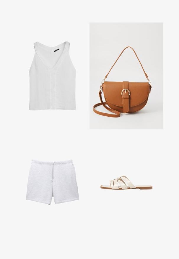 Massimo Dutti FLOWING DOUBLE FABRIC GARMENT - Top - white; Light grey cotton shorts with an elastic waistband and drawstring. Features a soft texture and a straight cut with no visible patterns.; Flat sandals with a tan rubber sole, designed with three overlapping white leather straps and a small bow detail at the center.; Brown leather crossbody bag with a curved shape, gold hardware, and a buckle accent. Features a detachable shoulder strap.