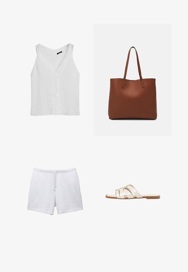 Massimo Dutti FLOWING DOUBLE FABRIC GARMENT - Top - white; Light grey cotton shorts with an elastic waistband and drawstring. Features a soft texture and a straight cut with no visible patterns.; Flat sandals with a tan rubber sole, designed with three overlapping white leather straps and a small bow detail at the center.; Brown leather tote bag with a smooth texture, open top design, and two shoulder straps. Features minimal stitching and no visible hardware.
