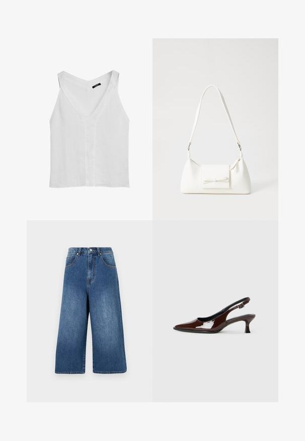 Massimo Dutti FLOWING DOUBLE FABRIC GARMENT - Top - white; Džínové kuloty ve středně modré barvě s vysokým pasem, širokými nohavicemi, pěti kapsami a jemným vyblednutím. Mají kovový knoflík a zipový uzávěr.; Hnědé lakované kožené slingback boty s špičatou špičkou a mírným podpatkem. Disponují přezkou pro bezpečné upevnění. Hladký povrch.; Bílá syntetická kabelka v trojúhelníkovém tvaru, s plochým předním klopným víkem a detailem mašle, nastavitelným popruhem, hladkým povrchem a minimalistickým designem.