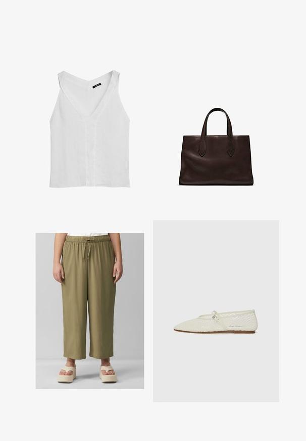 Massimo Dutti FLOWING DOUBLE FABRIC GARMENT - Top - white; Olivgrüne, weit geschnittene Hose mit elastischem Bund und verstellbarem Kordelzug. Weicher Stoff mit glatter Textur und verkürzter Länge.; Cremefarbene Netz-Ballettschuhe mit spitzem Zehenbereich und verstellbarem Riemen. Verfügt über ein strukturiertes Obermaterial und eine flache, braune Sohle.; Braune Ledertasche mit zwei langen Griffen, strukturierte rechteckige Form, glatte Textur und dezente Nähdetails.