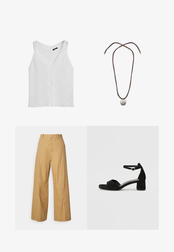 Massimo Dutti - Top; Beżowe spodnie w kant o szerokich nogawkach, wykonane z lnu o gładkiej fakturze, z wysokim stanem, bocznymi szwami i kontrastowymi szwami dekoracyjnymi.; Czarne zamszowe sandały na obcasie z cienkim paskiem wokół kostki, otwartym noskiem i skromnym słupkowym obcasem. Gładka faktura i minimalne akcenty.; Naszyjnik z brązowym sznurkiem i srebrnym owalnym zawieszeniem. Zawieszenie ma gładką powierzchnię i lekkie wcięcie na środku.