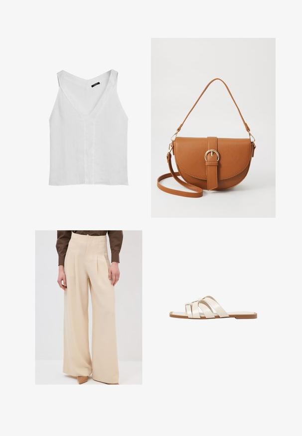 Massimo Dutti FLOWING DOUBLE FABRIC GARMENT - Top - white; Beige weite Hosen mit hoher Taille, Falten vorne und glatter Textur, kombiniert mit hellen Schuhen.; Flache Sandalen mit einer honigfarbenen Gummisohle, gestaltet mit drei überlappenden weißen Lederriemen und einem kleinen Schleifendetail in der Mitte.; Braune Leder-Crossbody-Tasche mit geschwungener Form, goldfarbenen Beschlägen und einer Schnallenakzentuierung. Verfügt über einen abnehmbaren Schultergurt.