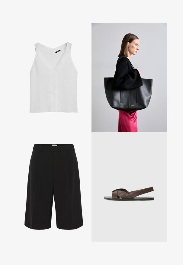 Massimo Dutti FLOWING DOUBLE FABRIC GARMENT - Top - white; Part Two KAIRAPW - Shorts - black; Brune lædersandal med krydsremdesign, flad sort såle og justerbar bagrem. Glat tekstur og minimale hardwaredetaljer.; Sort læder tote taske med en tekstureret overflade, der har to lodrette linjer, dobbelt skulderremme og et minimalistisk design.