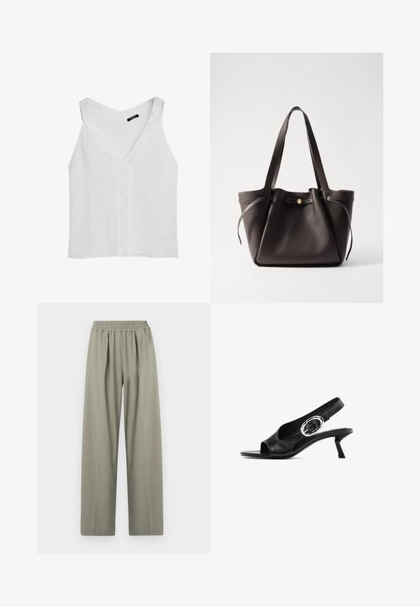 Massimo Dutti FLOWING DOUBLE FABRIC GARMENT - Top - white; Hochtaillierte, hellgraue weite Hosen mit elastischem Bund und Falten auf der Vorderseite.; Schwarzer Leder-Slingback-Schuh mit offener Spitze, der eine silberne ovale Schnalle am Riemen und einen schlanken Blockabsatz aufweist. Glatte Textur.; Dunkelbraune Leder-Tote mit zwei stabilen Griffen, einer gerafften Oberseite und einem Verschluss aus goldfarbenem Metall. Strukturierte Oberfläche mit minimalen Akzenten.