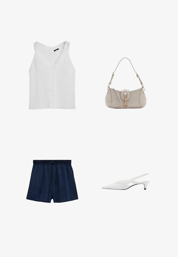 Massimo Dutti FLOWING DOUBLE FABRIC GARMENT - Top - white; Námořnické modré šortky vyrobené z lehkého materiálu, s elastickým pasem a šňůrkou na stažení, a volným střihem. Lem je mírně roztrhnutý.; Bílé slingback podpatky se špičatou špičkou, s hladkým svrškem, jemnými výřezy a nízkým blokovým podpatkem. Černá podrážka zvýrazňuje design.; Světlé šedé kožené kabelky s zakřiveným tvarem, zlatými kovovými doplňky, předním claspem a prošívanými detaily. Součástí je nastavitelný ramenní popruh.