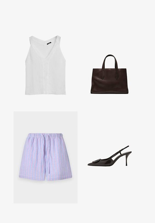 Massimo Dutti FLOWING DOUBLE FABRIC GARMENT - Top - white; Pantaloni shorts di colore viola chiaro con strisce verticali rosa, dotati di vita elasticizzata e cordoncino. Realizzati in morbido tessuto con vestibilità comoda.; Scarpa slingback in pelle verniciata nera con punta appuntita, design minimalista, piccolo dettaglio rotondo sulla tomaia e tacco sottile.; Borsa a spalla in pelle marrone con due manici lunghi, forma rettangolare strutturata, texture liscia e dettagli di cucitura sottili.