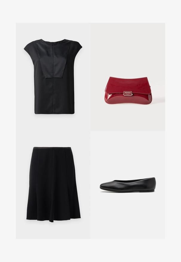Top preto de manga curta, feito de tecido liso, com uma gola ampla, um design frontal retangular e um fecho discreto nas costas.; Saia A-line preta com uma textura suave, apresentando uma cintura e um design plissado para movimento fluido. Sem detalhes ou padrões visíveis.; Paul Smith TOPANGA - Sabrinas - black; Clutch em pele vernizada vermelha com um design curvado, aba a dobrar e um detalhe de logótipo em metal numa placa prateada. Textura suave e brilhante.
