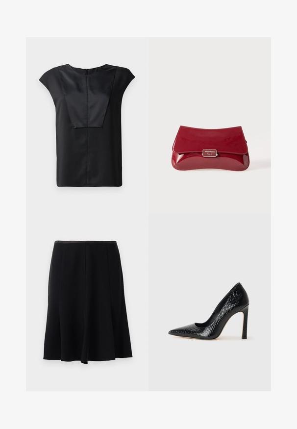 Top preto de manga curta, feito de tecido liso, com uma gola ampla, um design frontal retangular e um fecho discreto nas costas.; Saia A-line preta com uma textura suave, apresentando uma cintura e um design plissado para movimento fluido. Sem detalhes ou padrões visíveis.; Sapato de salto alto de bico fino preto com textura de pele de crocodilo, apresentando um design elegante, salto agulha alto e interior preto suave.; Clutch em pele vernizada vermelha com um design curvado, aba a dobrar e um detalhe de logótipo em metal numa placa prateada. Textura suave e brilhante.