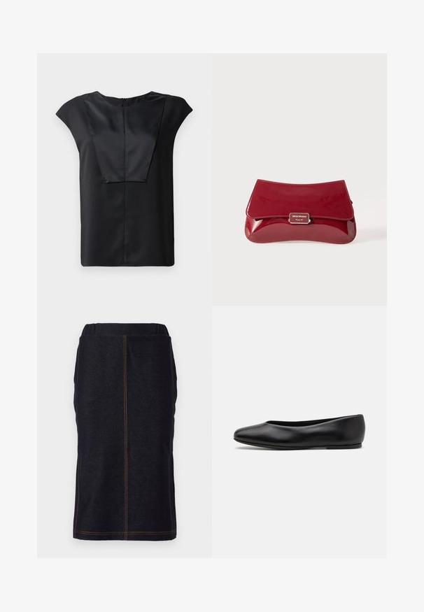 Črna majica s kratkimi rokavi, izdelana iz gladkega materiala, z širokim ovratnikom, pravokotnim prednjim dizajnom in diskretnim zadrgo na hrbtni strani.; Denim svinčnik krilo v temno modri barvi s ravnim krojem in stranskimi razporki, ki vsebuje kontrastno oranžno šivanje ob šivih. Elastičen pas za udobje.; Paul Smith TOPANGA - Balerinke - black; Rdeča lakasta usnjena torbica z ukrivljenim dizajnom, preklopnim pokrovom in kovinskim logotipom na srebrni plaketi. Gladka, sijajna tekstura.