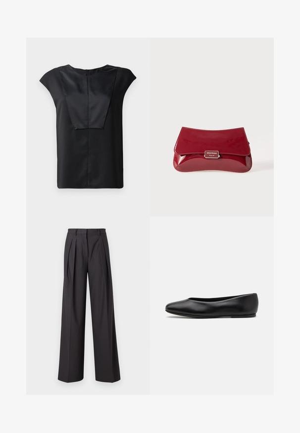 Black short-sleeve top made of smooth fabric featuring a wide neckline, a rectangular front design, and a discreet back zipper.; Wide-leg trousers in dark gray fabric, featuring front pleats, a smooth texture, a mid-rise waist, and belt loops.; Paul Smith TOPANGA - Ballet pumps - black; Red patent leather clutch bag with a curved design, fold-over flap, and a metal logo accent on a silver plaque. Smooth, shiny texture.