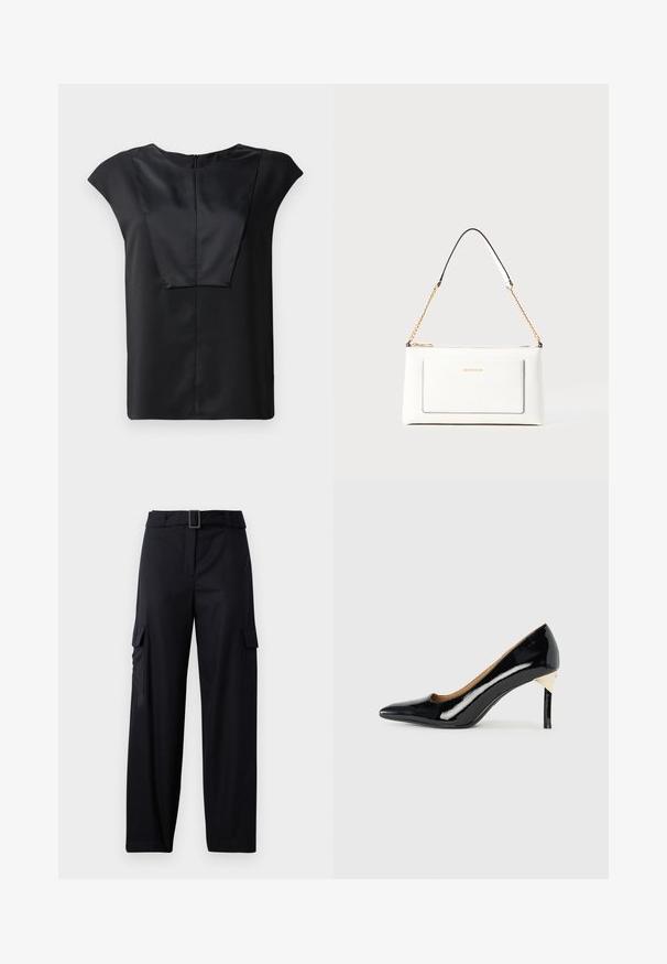 Black short-sleeve top made of smooth fabric featuring a wide neckline, a rectangular front design, and a discreet back zipper.; Black cargo pants with a straight-leg design, featuring two side pockets and a belt with a rectangular buckle. Smooth fabric texture.; Black patent leather high heel shoe with a pointed toe and cut-out design; features a sleek gold accent on the heel. Simple and elegant.; White leather handbag with a textured finish, featuring a gold chain strap and black accents. Includes a front pocket and zipper closure.