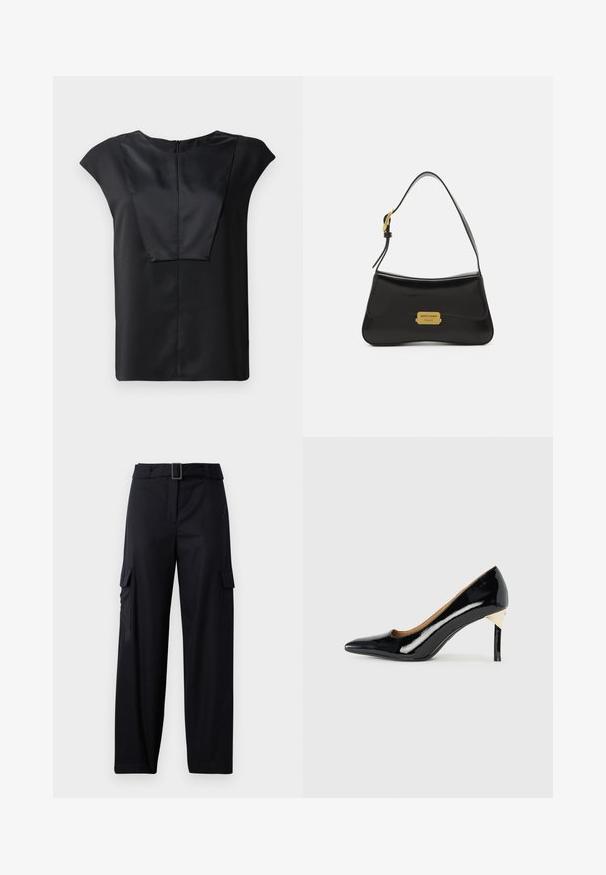 Top scurt negru cu mâneci scurte, realizat dintr-un material neted, având un decolteu larg, un design frontal dreptunghiular și un fermoar discret pe spate.; Pantaloni cargo negri cu un design drept, având două buzunare laterale și o curea cu o-buckle rectangular. Textură de țesătură netedă.; Pantofii cu toc înalt din piele patent neagră, cu vârf ascuțit și design cu decupaje; prezintă un accent elegant din aur pe toc. Simpli și eleganți.; Geantă de umăr din piele neagră, cu un design curbat, accent cu placă logo aurie și un breloc subțire. Textură netedă cu un finisaj elegant.