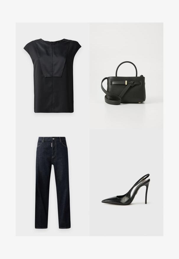 Top scurt negru cu mâneci scurte, realizat dintr-un material neted, având un decolteu larg, un design frontal dreptunghiular și un fermoar discret pe spate.; Blugi din denim de un albastru închis, cu tăietură dreaptă, având sistem de închidere cu nasture, bucle pentru curea și o cusătură ușor contrastantă. Fără modele sau desene.; Pantof de damă negru cu toc slingback, cu vârf ascuțit, model texturat de șarpe, toc stiletto și o cataramă decorativă pe bretele.; Geantă de umăr din piele neagră cu un finisaj texturat, mânere superioare și o curea lungă, ajustabilă. Prezentă un accent de metal auriu pe față.