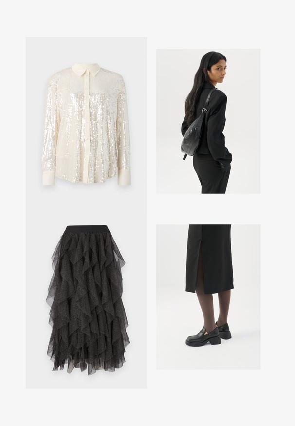 Camisa de botones con lentejuelas en crema claro. Presenta un cuello clásico, mangas largas y un detallado brillante de lentejuelas en toda su superficie para un aspecto texturizado.; Falda de tul negra con capas en forma de volantes y un patrón brillante salpicado de plateado. Presenta una cinturilla elástica negra.; Zapatos de piel negra con punta redondeada, tacón grueso y bloque, y acentos elásticos en los laterales, combinados con unos pantys oscuros y una falda negra con una abertura.; Mujer con cabello largo y oscuro vestida con un traje negro, llevando un bolso de cuero negro al hombro, mirando por encima de su hombro contra un fondo blanco.; Pendientes de aro plateados con un diseño minimalista. Forma circular, textura suave y perfil delgado. Livianos con un acabado pulido.