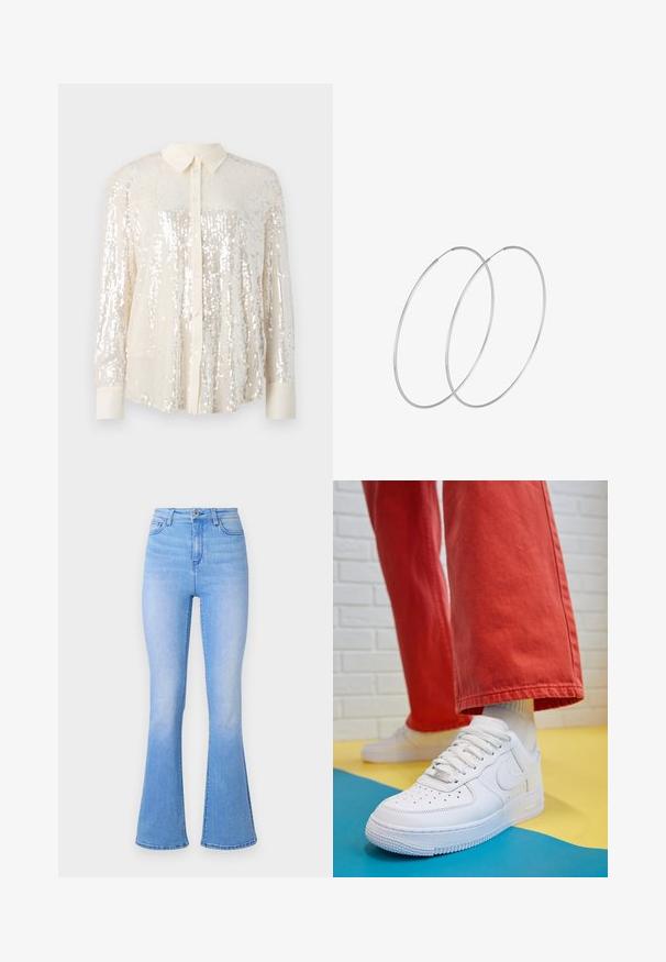 Šviesiai kreminė palaidinė su blizgiomis paillettes. Turi klasikį apykaklę, ilgomis rankovėmis ir blizgančių paillettes detalių visame paviršiuje, suteikiančių tekstūrinį efektą.; Pale blue platūs džinsai su dideliu liemeniu, pagaminti iš džinsinio audinio. Savybės: lygus paviršius ir švelnus išblukimas link apvado. Klasikinis penkių kišenių dizainas.; Baltos odinės kedų sportbačiai su perforuotu pirštu, tekstūruota pado dalimi ir baltais raišteliais, derinami su plačiomis raudonomis kelnėmis ir mėlynos bei geltonos spalvų fono kompozicija.; Sidabrinės pusmėnulio auskarai minimalistiniu dizainu. Apskritimo forma, lygus paviršius ir plonas profilis. Lengvi su poliruotu apdailu.