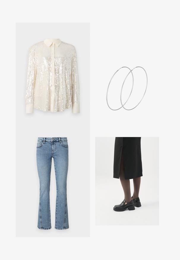 Mirdzoša pogkrekliņa krekls gaismas krēmkrāsā. Ir klasiskā apkakle, garas piedurknes un spīdīgās sekvīnas detaļas visā kreklā, lai radītu teksturētu izskatu.; Gai zilgani sluņķi, izgatavoti no denima, ar klasisku piecu kabatu dizainu, rāvējslēdzēju un kontrastējošiem šuvju diegiem.; Melni ādas apavi ar noapaļotu purngalu, biezām bloku papēžiem un elastīgiem sānu akcentiem, apvienoti ar tumšām zeķubiksēm un melnu svārku ar šķirbu.; Sudraba gredzenveida auskari ar minimālistisku dizainu. Cirkulāra forma, gluda tekstūra un plāns profils. Vieglu svaru ar spīdīgu apdari.