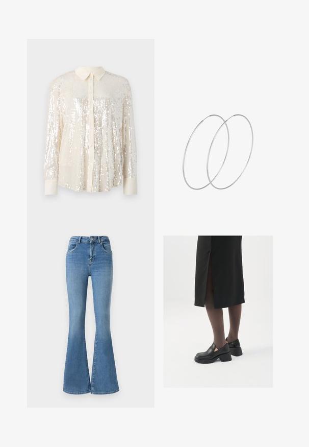 Kuldse osaga särg hõlmadega helesegustes. Omab klassikalist krae, pikki varrukaid ja läikivat pärlite detaili, mis annab tekstuurse välimuse.; Sinised denimpüksid flare-lõikega, millel on kõrge talje, lukuga ja nööbiga sulgemine ning pleekinud disain koos õrnade kulumise detailidega.; Mustad mustad jalatsid ümmarguse varbaga, paksu plokkniidi ja elastsete külgdetailidega, kombineeritud tumedate sukkade ja musta lõhikuga seelikuga.; Hõbedased rõngastikkaehingad minimalistlikus disainis. Ümar kuju, sile tekstuur ja õhuke profiil. Kerged ning poleeritud viimistlusega.