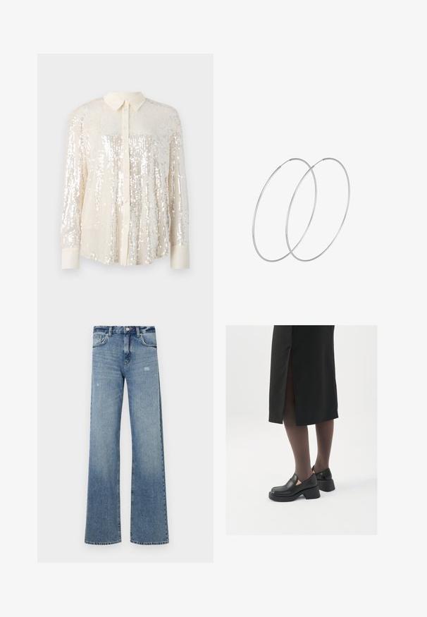 Koszula zapinana na guziki w jasno-kremowym kolorze. Posiada klasyczny kołnierzyk, długie rękawy oraz błyszczące detale z cekinów, co nadaje teksturę.; Jasnoniebieskie dżinsy o wysokim stanie, szerokich nogawkach, lekkich przetarciach i tradycyjnej pięciokieszeniowej strukturze.; Czarne skórzane buty z okrągłym noskiem, grubym blokowym obcasem i elastycznymi akcentami po bokach, zestawione z ciemnymi rajstopami i czarną spódnicą z rozcięciem.; Srebrne kolczyki w formie obręczy o minimalistycznym designie. Okrągły kształt, gładka faktura i cienki profil. Lekkie, z polerowanym wykończeniem.