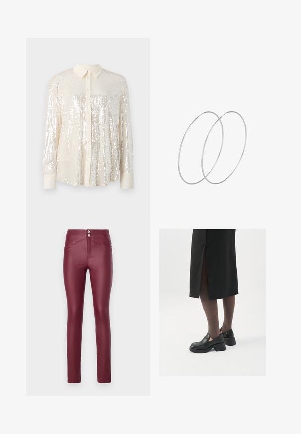 Kuldse osaga särg hõlmadega helesegustes. Omab klassikalist krae, pikki varrukaid ja läikivat pärlite detaili, mis annab tekstuurse välimuse.; Burgundia faux nahkaste kitsas püksid kõrge vöökohtadega, millel on kaks esimest nuppu, nurga all esipocketid ning sile ja läikiv tekstuur.; Mustad mustad jalatsid ümmarguse varbaga, paksu plokkniidi ja elastsete külgdetailidega, kombineeritud tumedate sukkade ja musta lõhikuga seelikuga.; Hõbedased rõngastikkaehingad minimalistlikus disainis. Ümar kuju, sile tekstuur ja õhuke profiil. Kerged ning poleeritud viimistlusega.