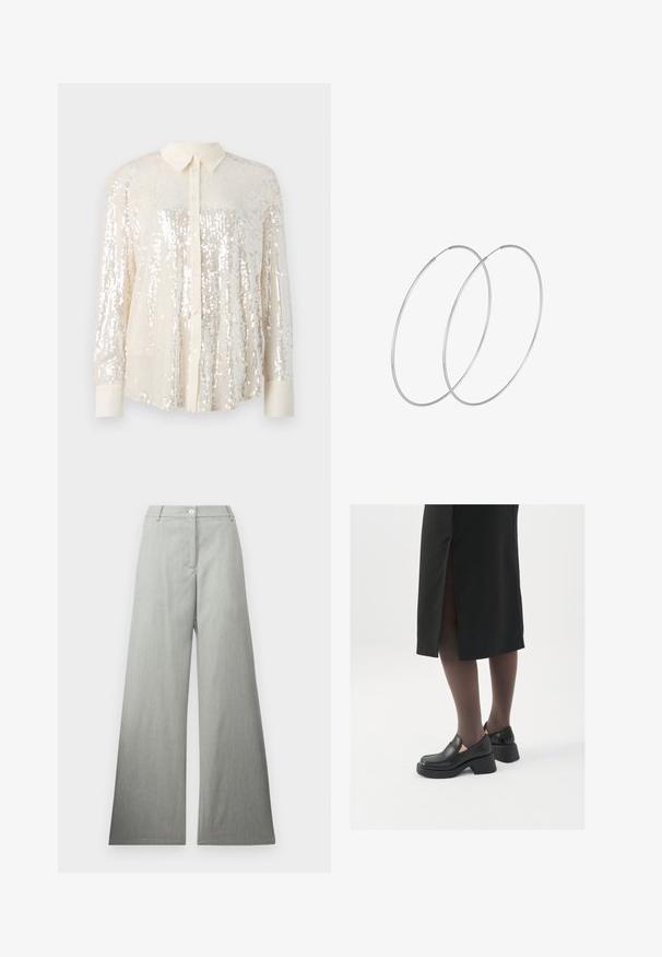 Mirdzoša pogkrekliņa krekls gaismas krēmkrāsā. Ir klasiskā apkakle, garas piedurknes un spīdīgās sekvīnas detaļas visā kreklā, lai radītu teksturētu izskatu.; Gai pelēki, plati bikses, izgatavotas no teksturēta auduma, ar priekšējo pogu aizdari un gludu, plakanu jostasvietu. Nav redzamu rakstu vai akcentu.; Melni ādas apavi ar noapaļotu purngalu, biezām bloku papēžiem un elastīgiem sānu akcentiem, apvienoti ar tumšām zeķubiksēm un melnu svārku ar šķirbu.; Sudraba gredzenveida auskari ar minimālistisku dizainu. Cirkulāra forma, gluda tekstūra un plāns profils. Vieglu svaru ar spīdīgu apdari.