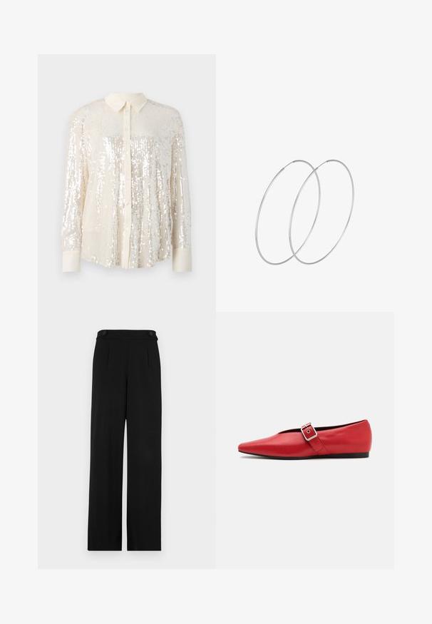 Sequin button-up shirt in light cream. Features a classic collar, long sleeves, and shiny sequin detailing throughout for a textured look.; Black wide-leg trousers featuring a flat front, two buttons at the waist, and a smooth fabric texture. Tailored fit with pleats for shape.; Red leather flat shoe with a pointed toe, featuring a side strap with a metal buckle and a low black heel. Smooth texture throughout.; Silver hoop earrings with a minimalist design. Circular shape, smooth texture, and thin profile. Lightweight with a polished finish.