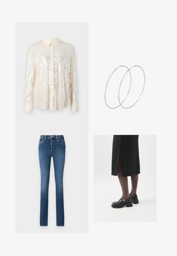 Šviesiai kreminė palaidinė su blizgiomis paillettes. Turi klasikį apykaklę, ilgomis rankovėmis ir blizgančių paillettes detalių visame paviršiuje, suteikiančių tekstūrinį efektą.; Mėlynos džinsinės kelnės su tiesiu kirpimu, penkiomis kišenėmis, mygtuko ir užtrauktuko uždarymu, bei išblukusia skalbimo spalva su subtiliomis šviesinimo detalėmis.; Juodos odinės bateliai su apvaliu nosiu, stora blokine pakulne ir elastingais šonais, derinami su tamsiomis pėdkelnėmis ir juoda sijonu su plyšiu.; Sidabrinės pusmėnulio auskarai minimalistiniu dizainu. Apskritimo forma, lygus paviršius ir plonas profilis. Lengvi su poliruotu apdailu.