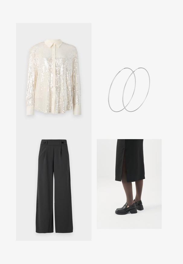 Svetlucava košulja s dugim rukavima u svijetloj krem boji. Ima klasičnu ovratnicu, duge rukave i sjajne detalje od šljokica raspoređene po cijeloj površini za teksturirani izgled.; Hlače širokog kroja od tamnosive tkanine, s visokim strukom, dva prednja dugmeta i glatkom teksturom s prednjim nabranjima.; Crne kožne cipele s zaobljenim vrhom, debelim blok petama i elastičnim bočnim detaljima, uparene s tamnim čarapama i crnom suknjom s prorezom.; Srebrne okrugle naušnice s minimalističkim dizajnom. Kružni oblik, glatka tekstura i tanak profil. Lagane s poliranim završetkom.