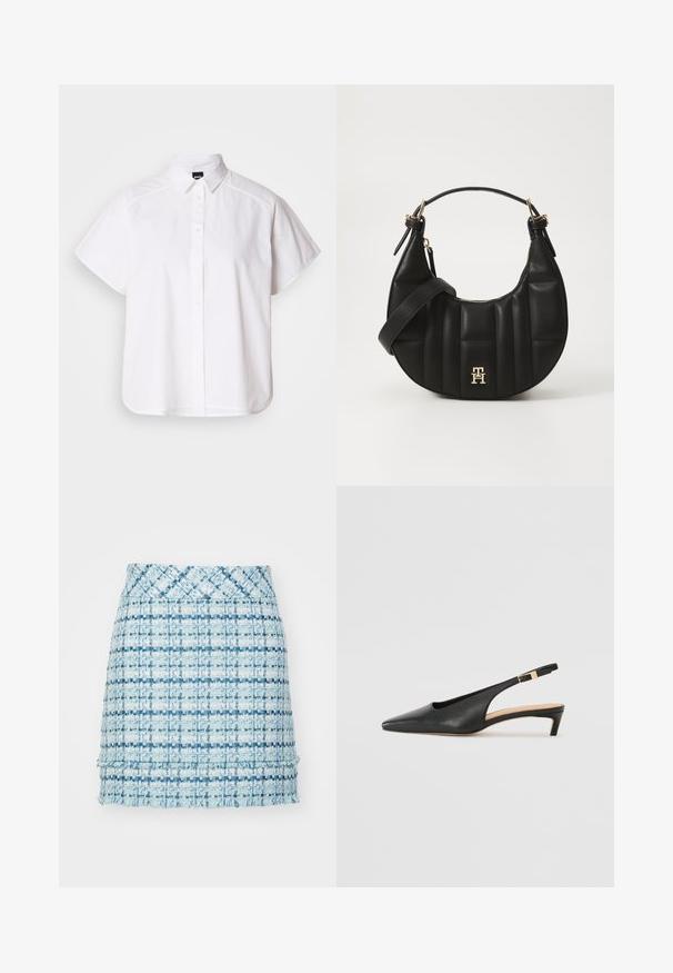 Fehér, rövid ujjú, gombos ing, hegyes gallérral és ívelt alsó résszel. Pamutból készült, sima textúrával és látható minták nélkül.; Kék tweed mini szoknya texturált mintázattal, sérült szegéllyel és testhezálló derékrésszel. A dizájn különböző árnyalatú kékeket tartalmaz.; Fekete bőr slingback sarkú cipő, hegyes orral, alacsony sarokkal és állítható bokapánttal, aranyszínű csattal. Simább textúra.; Fekete bőrtáska ívelt formával, steppelt textúrával és arany hardware-rel. Levehető vállpánttal és logó részlettel rendelkezik.