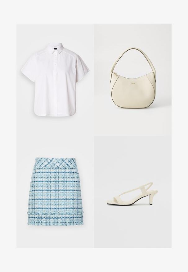 Valge lühikeste varrukatega nööpidega särk, millel on terav krae ja kõver hems. Valmistatud puuvillast, millel on sile tekstuur ja nähtamatud mustrid.; Sinine tweed mini-seelik, millel on tekstuuriga muster, frantsi hem ja tihe talje. Disain sisaldab erinevaid sinise toone.; Beez blok-kandadesed õhukeste rihmadega ja ruudukujulise varbaga. Sile materjal minimaalsete detailidega, kujundatud mugavaks kandmiseks.; Kreemivärvi käsipott, millel on tekstureeritud viimistlus, kumer kuju, lühike käepide ja kuldse tooniga logo detail. Ülemine lukustus.