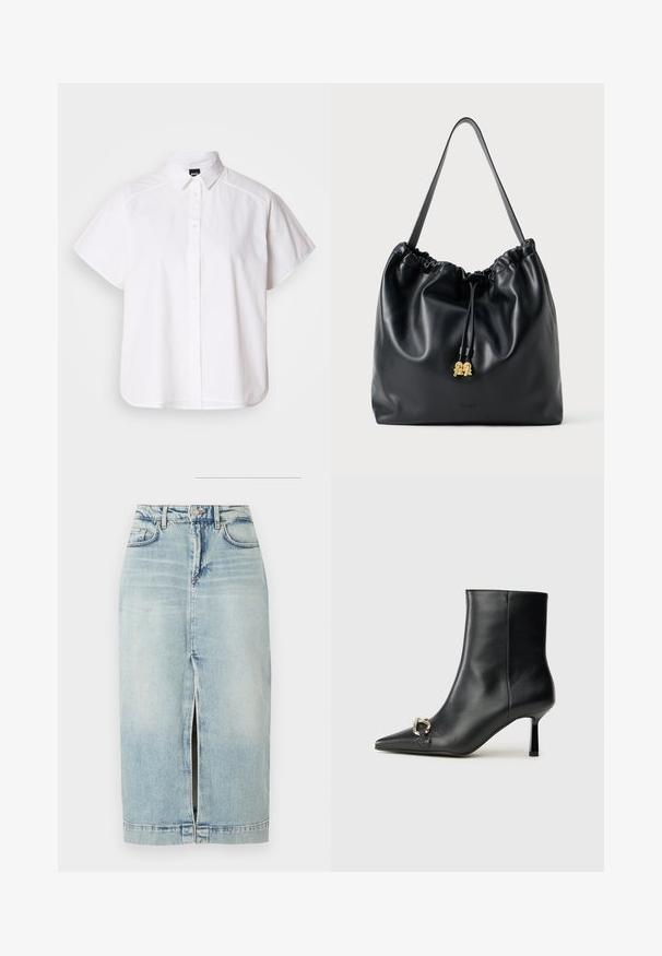 Balta trumpomis rankovėmis marškinėlių su atlenkiamu apykakle ir kreiva apačia. Pagaminta iš medvilnės, su sklandžiu paviršiumi ir be matomų raštų.; Šviesiai mėlyna džinsinė sijonas, vidutinio ilgio su priekiu plyšiu. Turi klasikinį penkių kišenių dizainą ir mygtuko užsegimą juosmens srityje.; Juodas odinis apavas iki kulkšnies su smailiu nosiu, plonu vidutinio aukščio kulnu ir sidabriniu sagties akcentu šone, prieš paprastą foną.; Juodas odinis maišelis su virvute, turintis lygią tekstūrą, susiraukšlėtą viršų ir subtilų auksinį apdailą. Turi vieną tvirtą diržą ir įspaustą logotipą.