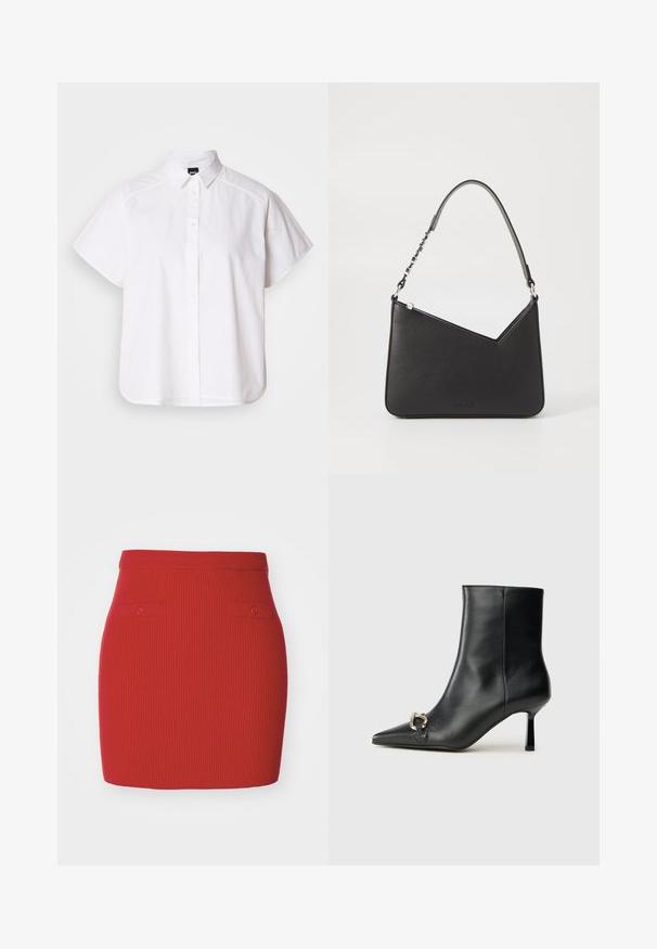 Valkoinen lyhythihainen nappikauluspaita, jossa on terävä kaulus ja kaareva helma. Valmistettu puuvillasta, jossa on sileä pinta ja ei havaittavissa olevia kuvioita.; Punainen ribbikudos hame, jossa on tiukka malli. Edessä on kaksi pientä nappikiinnitettyä taskua ja sileä vyötärö.; Musta nahkasaapas nilkkapituisilla, terävillä kärjillä, hoikalla keskipituisella korolla ja hopeavöillä sivussa yksinkertaista taustaa vasten.; Musta nahkakäekott kolmnurga kujuga, peene rihmaga ja hõbedaste detailidega. Omab lukuga sulgemist ja esiküljel on reljeefne logo.