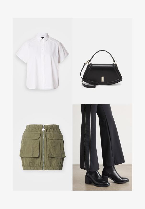 Weißes kurzärmliges Hemd mit Knopfleiste, spitzem Kragen und abgerundetem Saum. Hergestellt aus Baumwolle mit glatter Textur und ohne sichtbare Muster.; HUGO RAFINI - Minirock - open green; Schwarze Lederstiefeletten mit einem Blockabsatz, ausgestattet mit elastischen seitlichen Einsätzen. Kombiniert mit schwarzen Hosen, die einen weißen Seitenstreifen haben.; Schwarze Lederhandtasche mit einem strukturierten Design, das eine verkürzte Form, einen oberen Griff und goldfarbene Hardware-Details aufweist. Verstellbarer Schulterriemen ist enthalten.