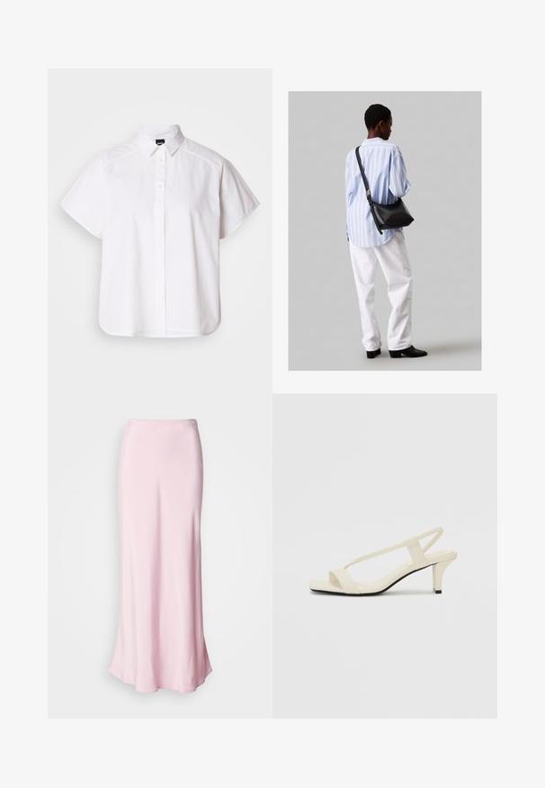 Balta trumpomis rankovėmis marškinėlių su atlenkiamu apykakle ir kreiva apačia. Pagaminta iš medvilnės, su sklandžiu paviršiumi ir be matomų raštų.; Rožinė satino maksi sijonas su lygiu paviršiumi, aptempta talija ir lengvu išsipūtimu apačioje, puoštas maža dekoratyvine sagute.; Kreminės blokų kulno šlepetės su plonomis dirželiais ir kvadratiniu pirštu. Lygus medžiaga su minimaliais akcentais, sukurtos lengvam dėvėjimui.; Juodas odinis petinis krepšys su minkšta tekstūra, trikampiu pavidalu ir reguliuojama juosta, derinamas su šviesiai mėlynu dryžuotu marškinėliu ir baltais džinsais.